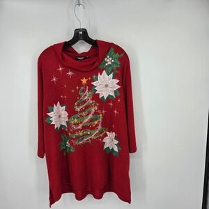 Ongque Casual Red Christmas Tree Poinsettia Cowl Neck Tunic Top Plus Size 2X